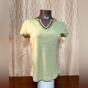 NWOT Cleo Celadon Green V-Neck Short Sleeve Women’s Tee Size M Beaded Neckline